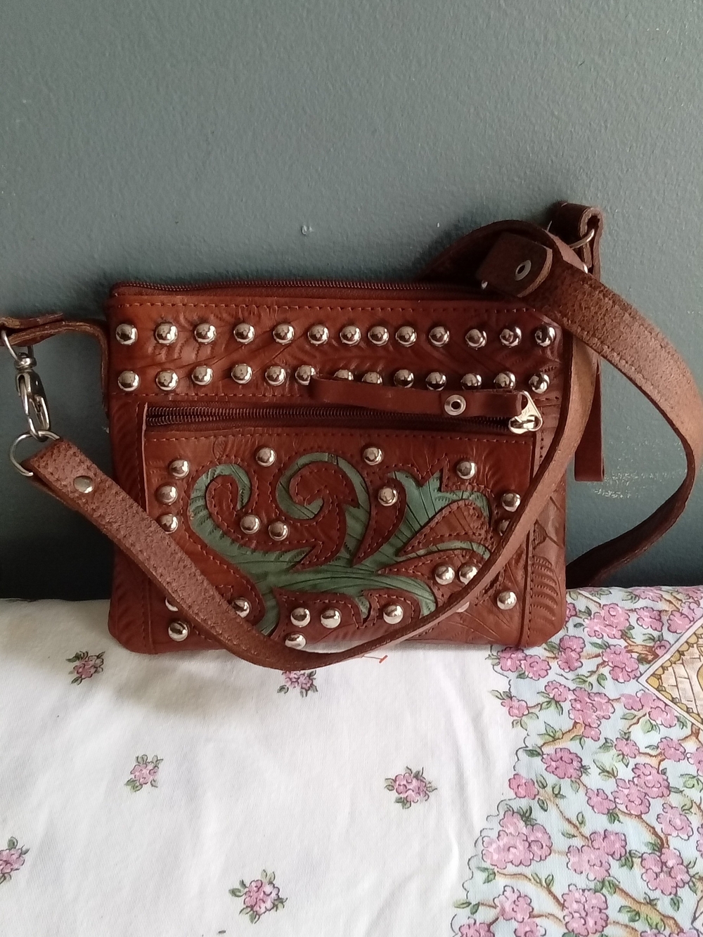 American West Brown Tooled Leather Studded Crossbody Bag Green Inlay Western